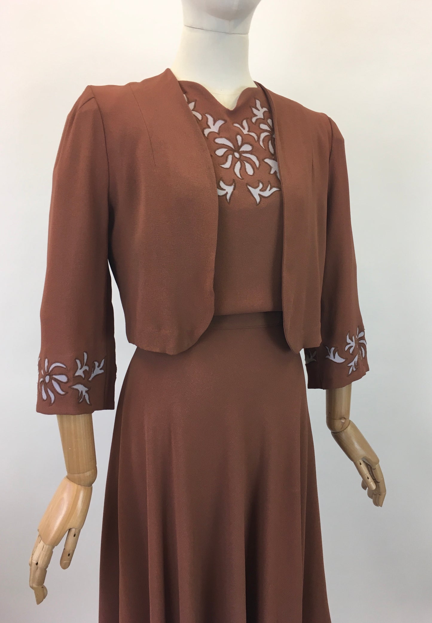 Original 1940's Darling 2Pc Dress & Bolero Set - In A Soft Brown With Grey Accents