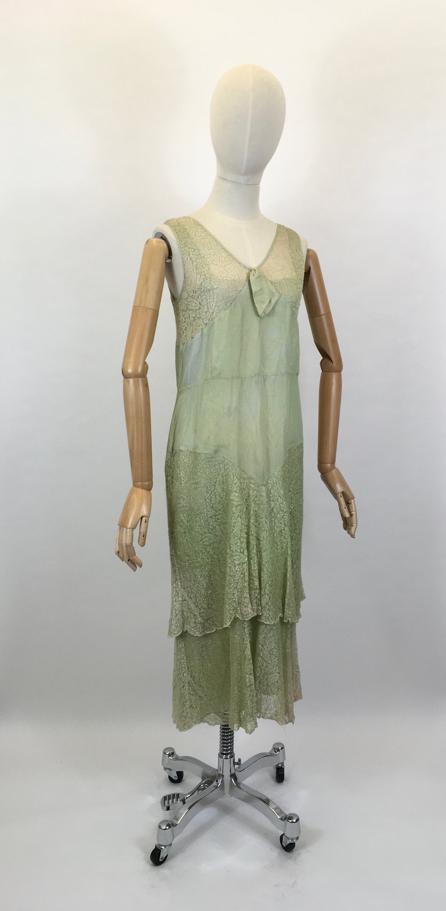 Original As Is 1920’s Stunning Soft Green Dress - In Silk & lace