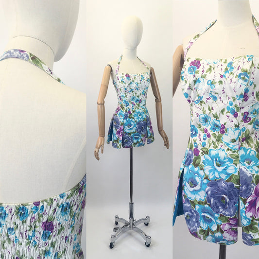 Original 1950's Fabulous Cotton Bathing Top - In Muted Berries, Turquoise and Green Florals