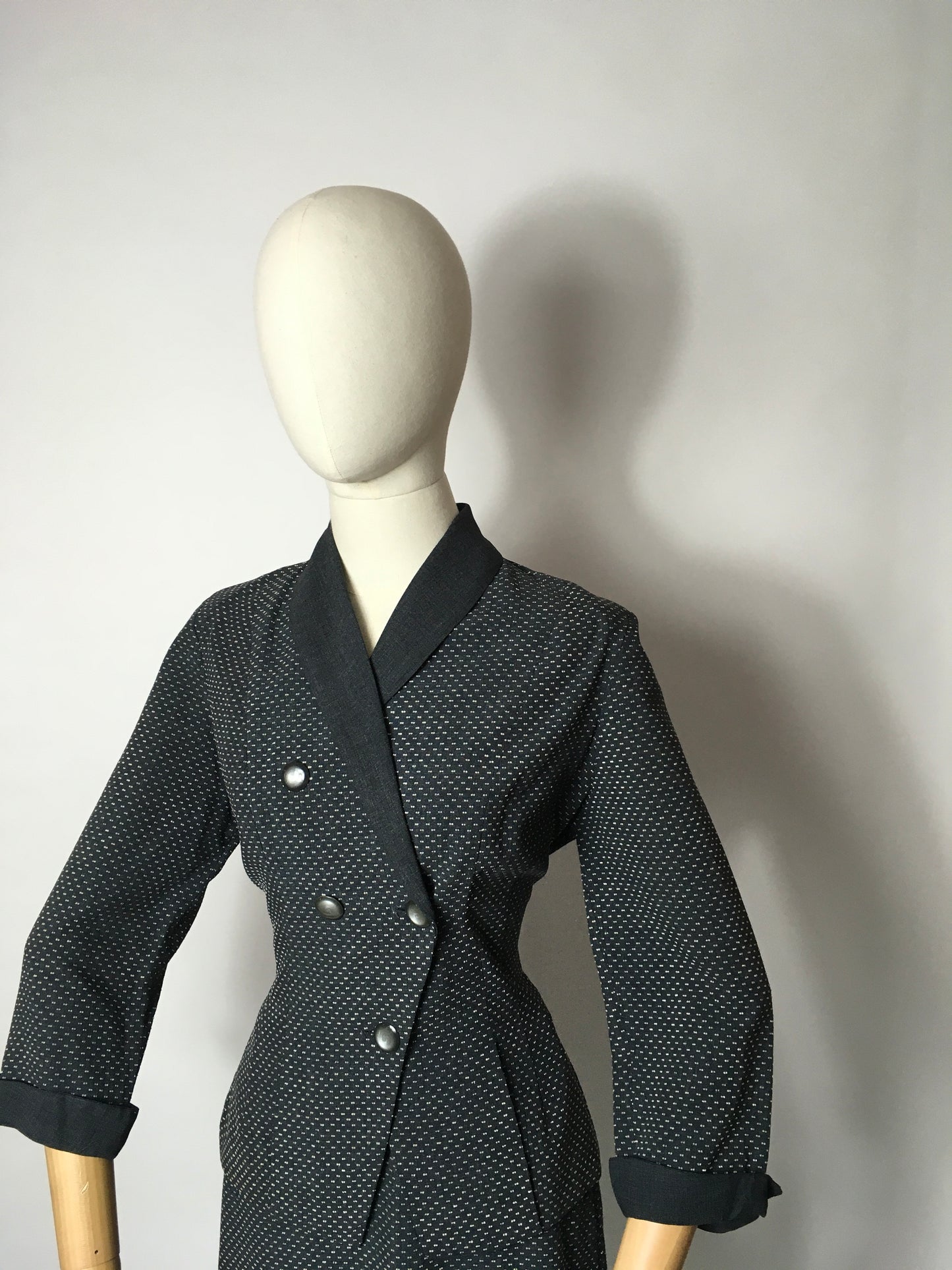 Original 1940’s Slate Grey Lightweight Suit - A lovely Asymmetric Front Shape Detailing