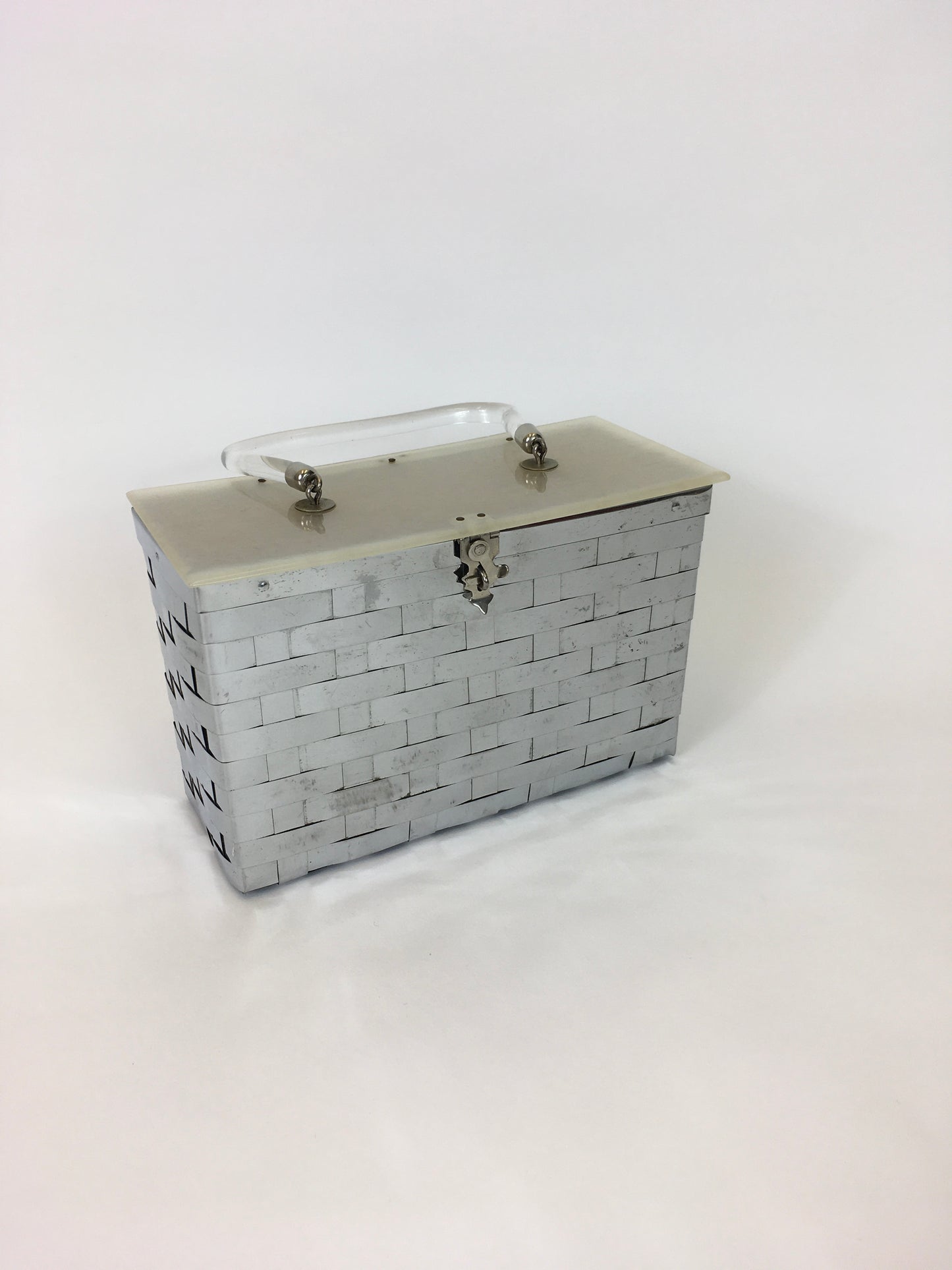 Original 1950’s Metal Lattice Work Box Bag - With Lucite Lid and Handle