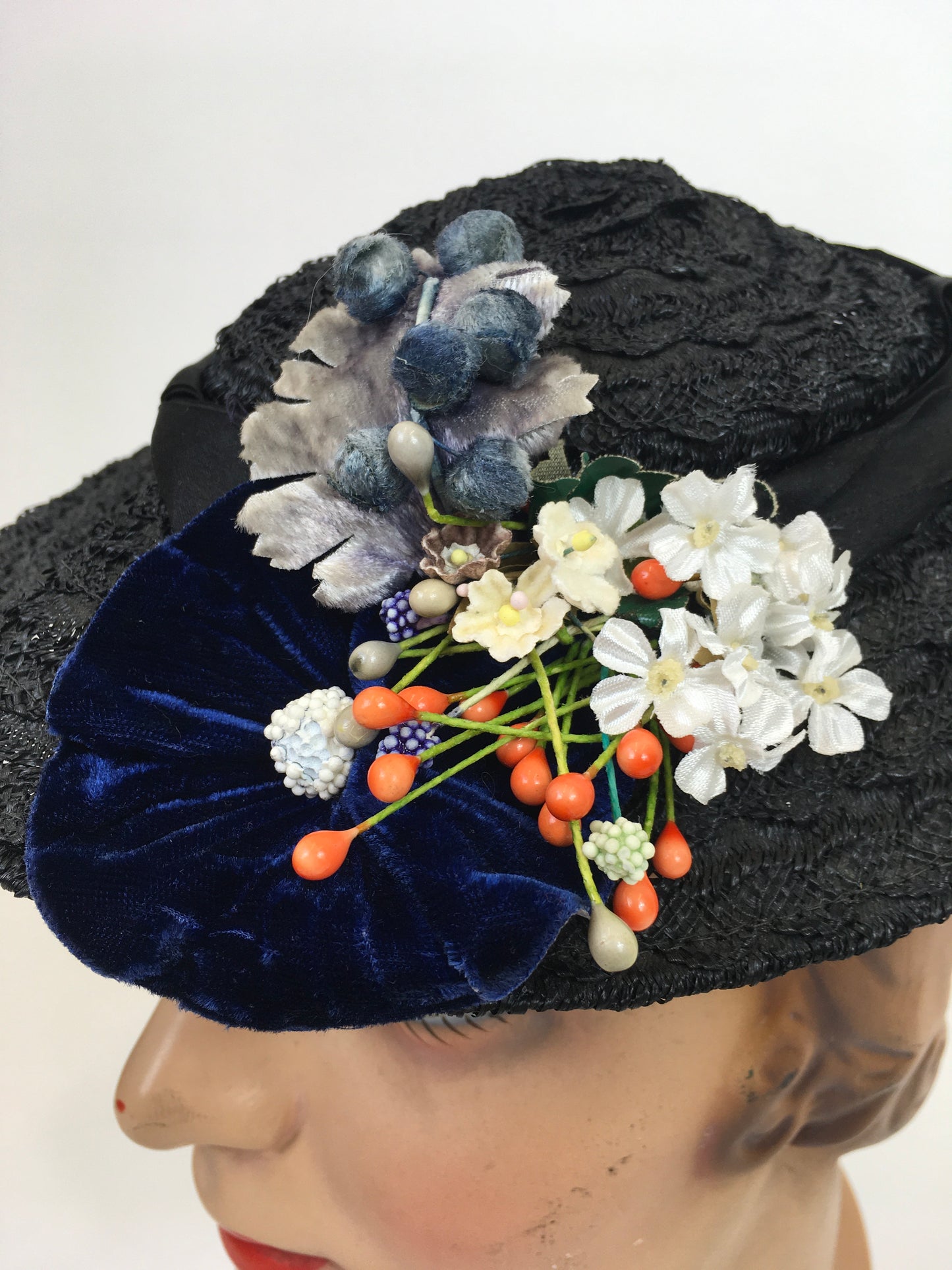 Original 1930's Fabulous Tilt Hat - In Black Straw with Silk Velvet/ Silk and Floral Millinery Adornments