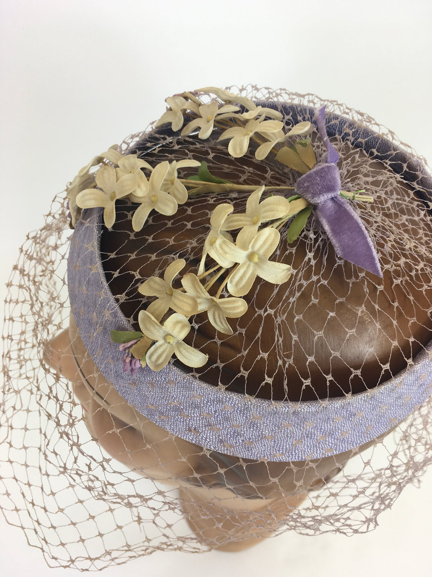 Original 1950’s Soft Lilac Headpiece - With Delicate Ivory Floral Millinery and Powdered Veiling