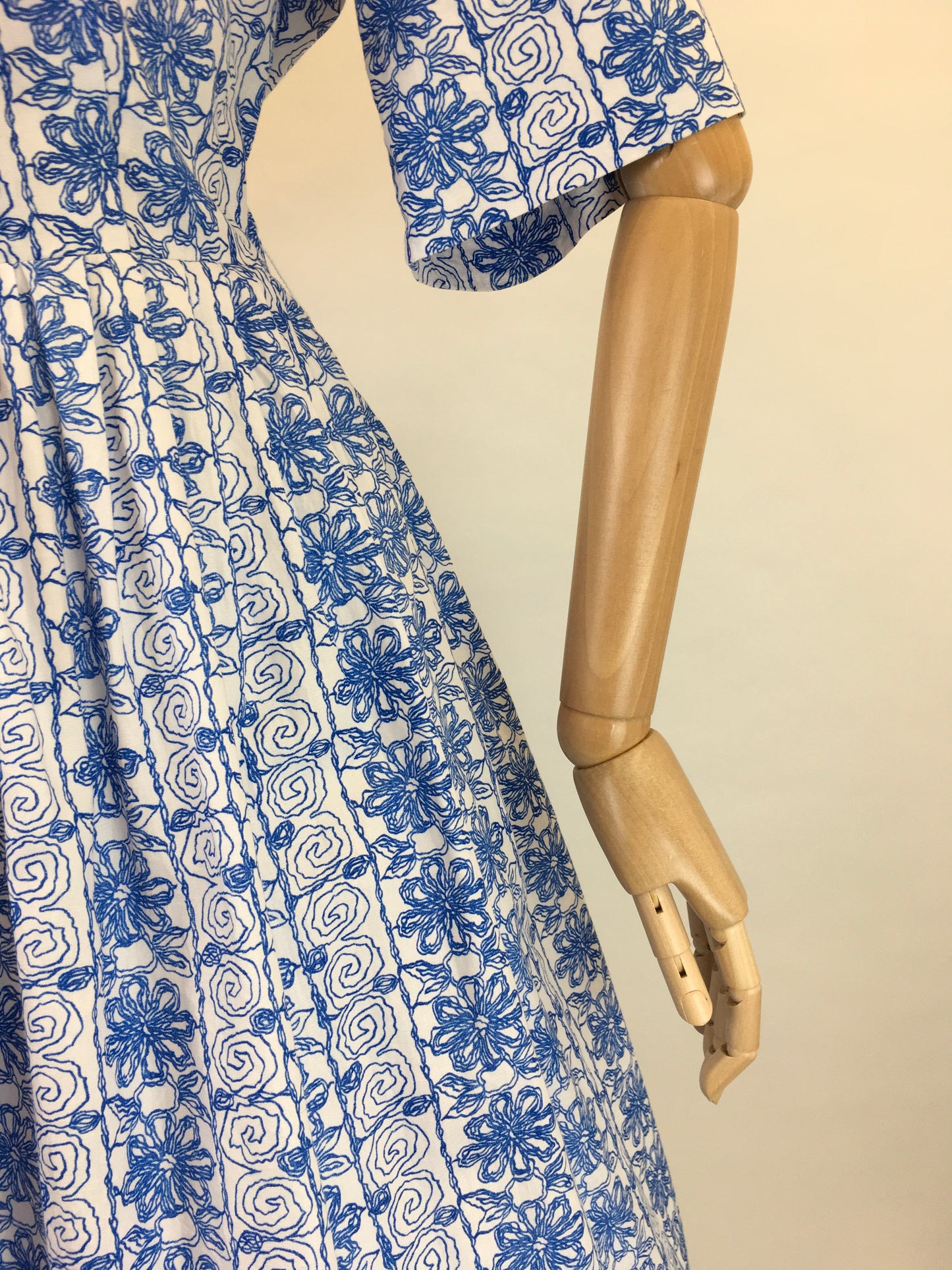 Original 1950s Cotton Day Dress - In a Lovely Cobalt Blue and White Scribble Fabric
