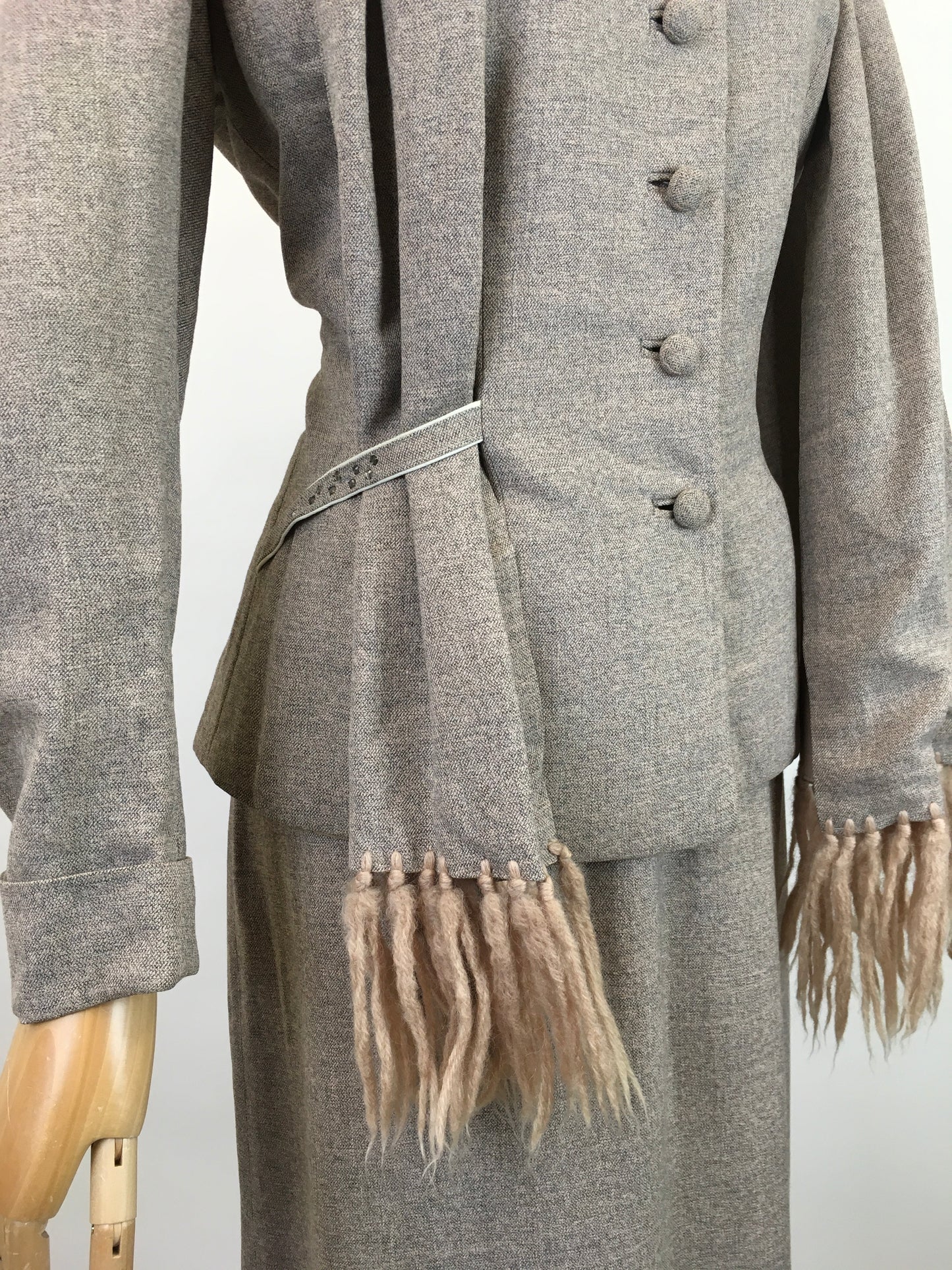 Original 1940's STUNNING 3pc Suit - In Soft Fawn with A Draped Tasselled Scarf