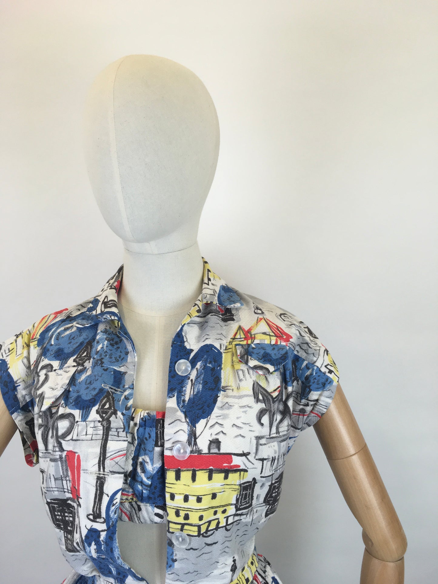 Original 1950s 4 pc Sun Set In Novelty Print Barkcloth - Sun Top, Blouse, Bloomer Shorts and Skirt