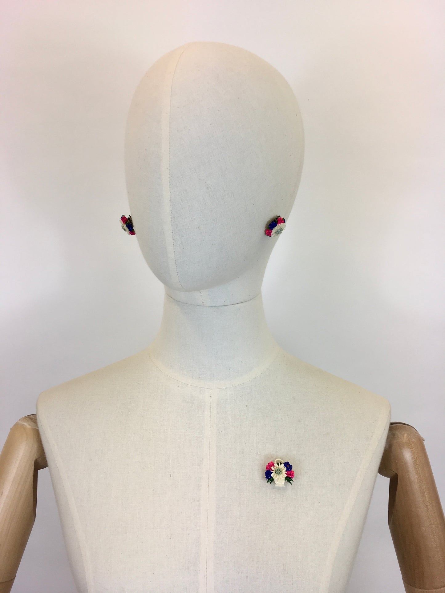 Original 1940s Earrings and Brooch Celluloid Set - With Beautifully Intricate Edelweiss Baskets and Sprawling Florals