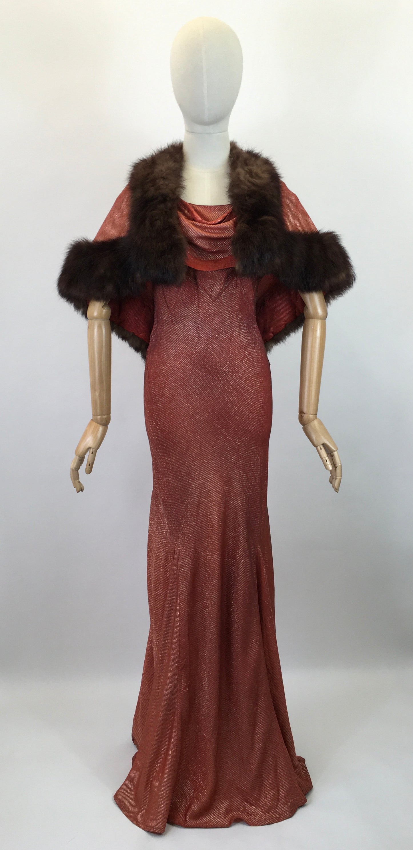 Original SENSATIONAL 1930's Evening Gown with Capelet - In Burnt Orange and Gold Lame with Rabbit Fur Trim