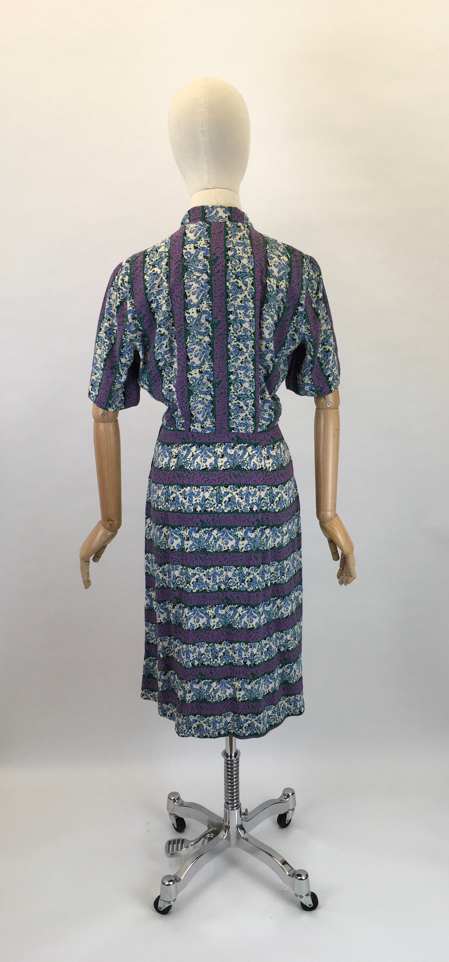 Original 1940s Rayon Dress - In Lovely Rich Purples, Greens and Whites with Florals and Stripes