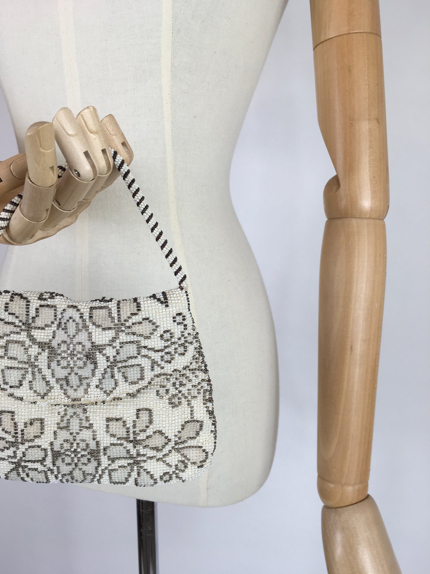 Original 1930s Beaded Evening Bag - With hues of Pastel Blush Pinks, Cornflower Blues and soft Greens on White