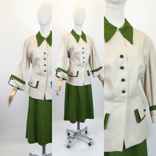 Original 1940's Sensational VOLUP 2pc Linen Suit - In An Iconic Cream and Green Colourway