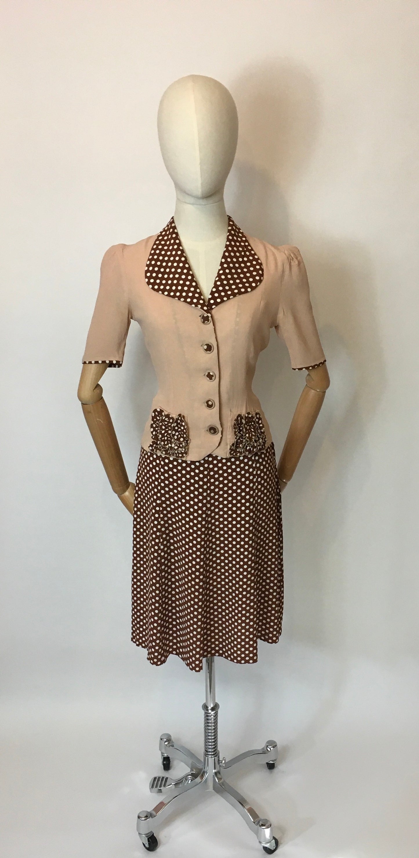 Original 1940’s Darling 2 pc Crepe Suit - In the Most Beautiful Contrast Blush Pink & Brown Polka Dot Crepe