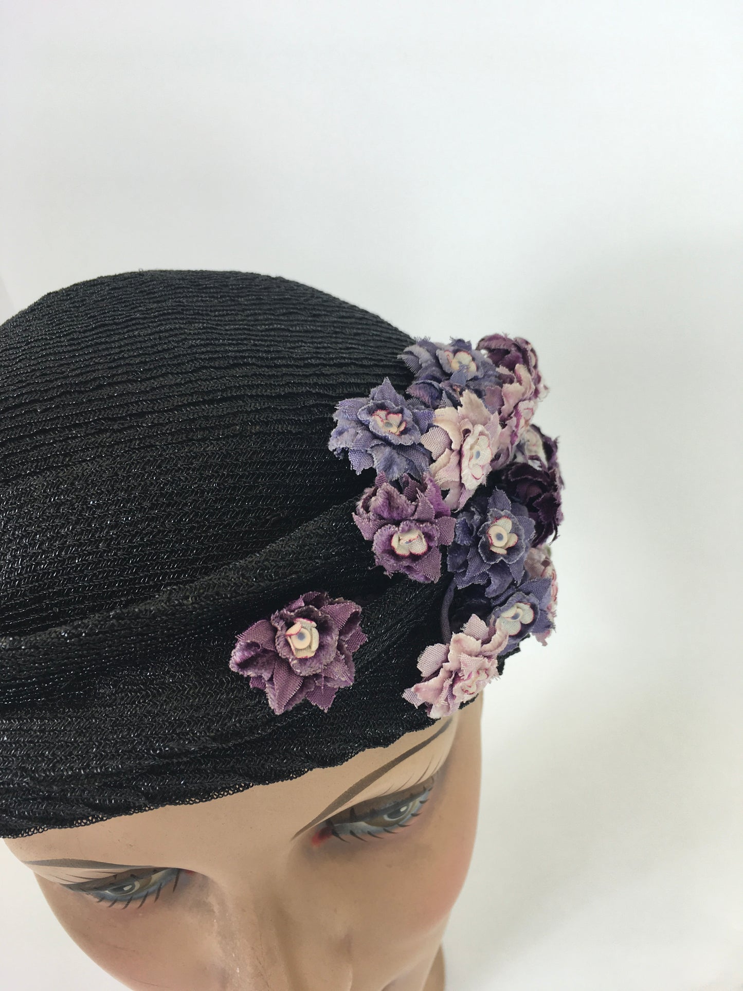 Original 1930’s Amazing Black Straw Hat - Adorned with Soft Mauve, Rich Purples and Violet Velvet Flora