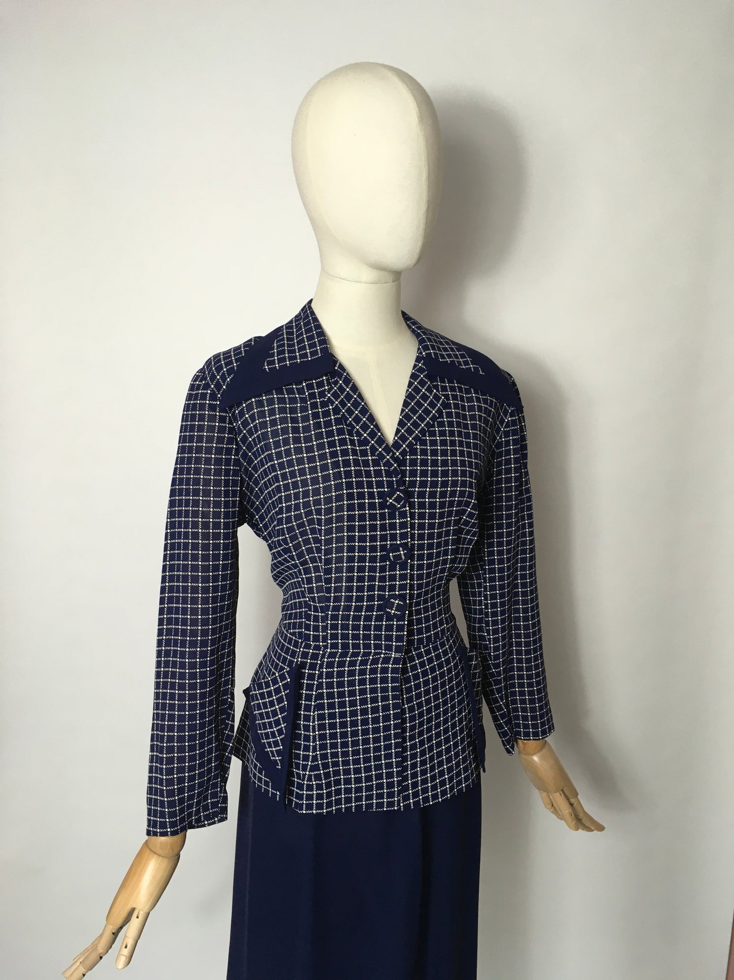 Original 1940’s Illusion Dress with Sharp Collar - Contrast Check & Navy Rayon