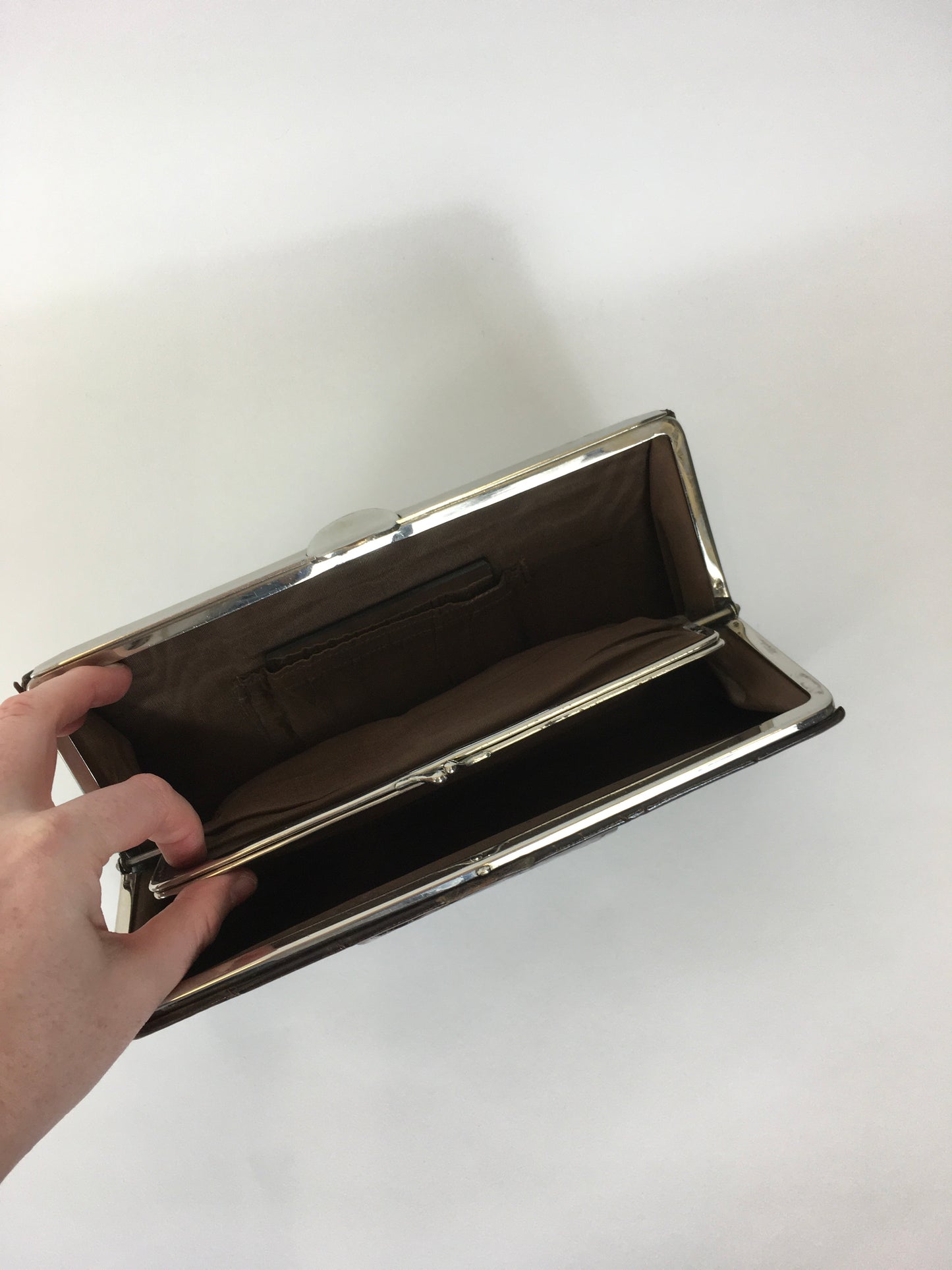 Original 1930’s Deco Crocodile Clutch Handbag - In A Warm Brown with Chrome Detailing