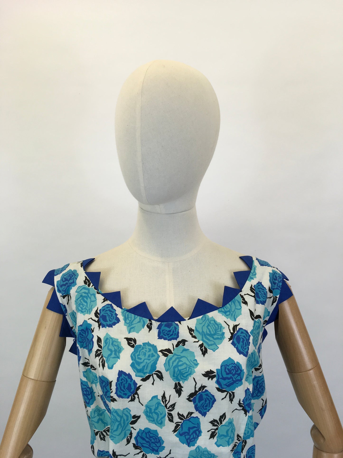 Original 1950’s VOLUP Cotton Day Dress - In A Stunning Blue Floral with Contrast Detailing