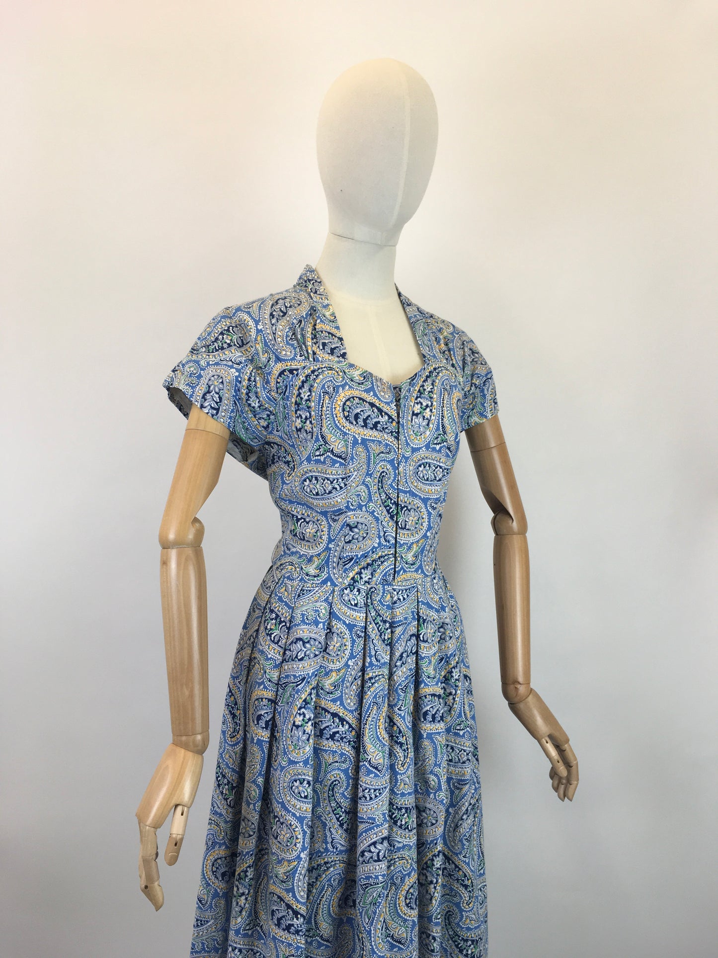 Original Late 1940’s Early 1950’s Cotton Day Dress - In A Paisley Print in Powder Blue, Navy, Yellow and Bottle Green