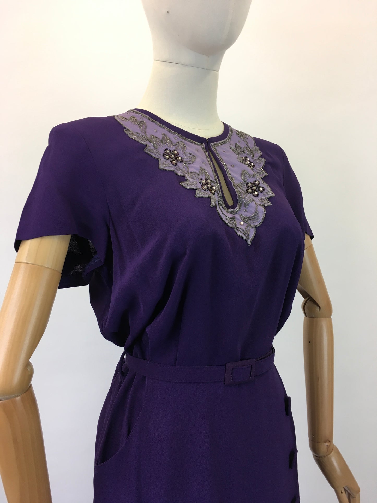 Original 1940's Amazing 3pc Set In Cadbury Purple - With Sensational Beadwork Detailing