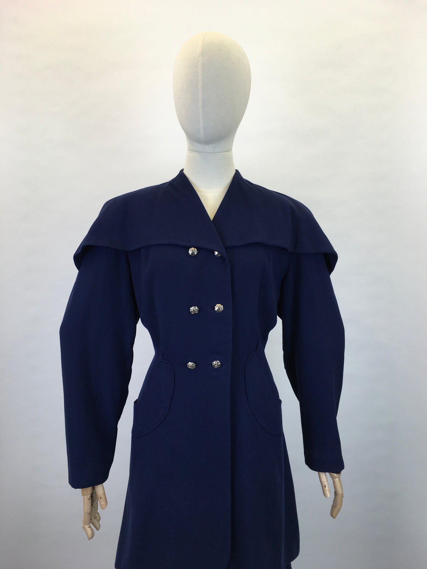 Original 1940s STUNNING Navy 2 pc Suit - With PHENOMENAL Long Line Silhouette and Cape Style Overlay