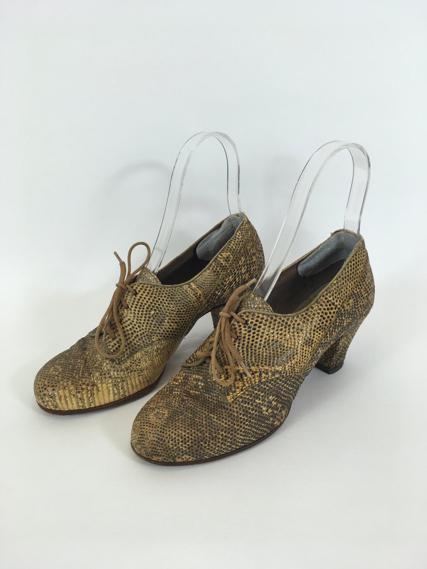 Original 1940’s Fabulous Snakeskin Heeled Lace Up Shoes - In A Lovely Warm Golden Tone