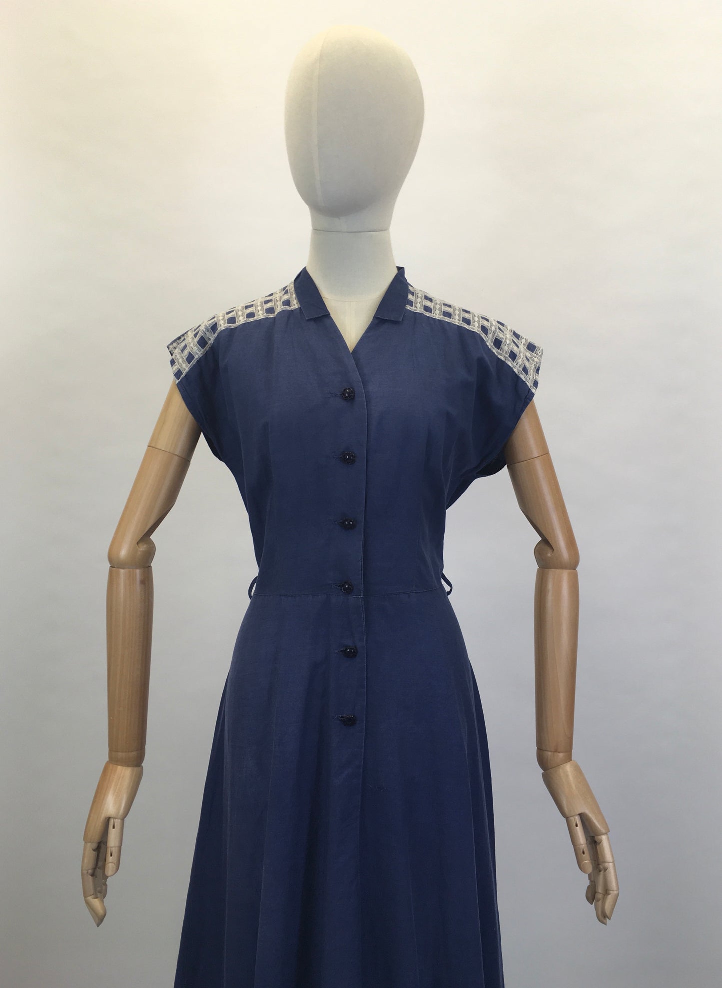 Original Early 1950’s Navy Cotton Dress - With Embroidered Detailing To The Shoulders