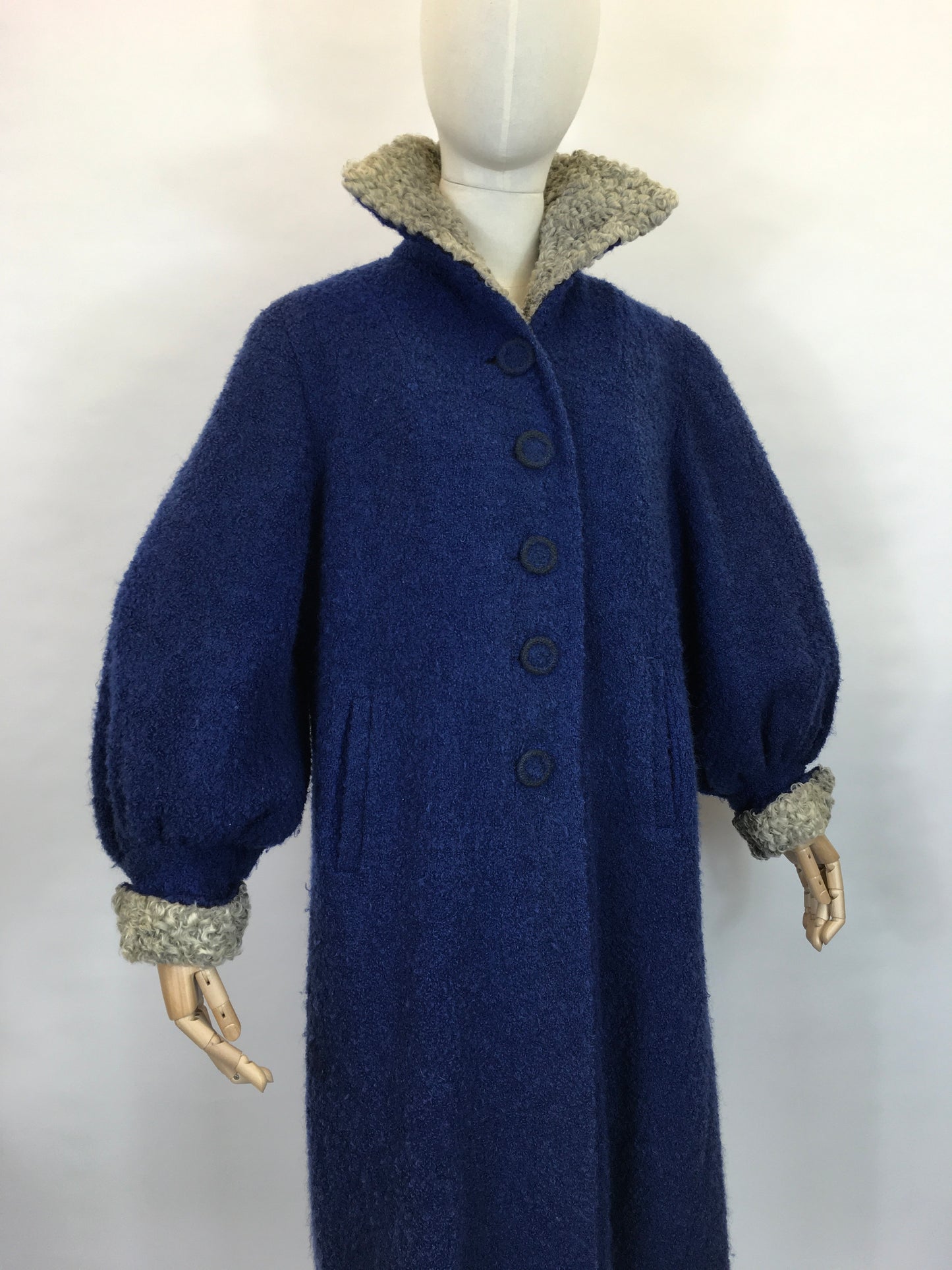 Original 1940’s Amazing Boucle Wool Coat with Astrakhan Trim - In a Royal Blue and Soft Grey