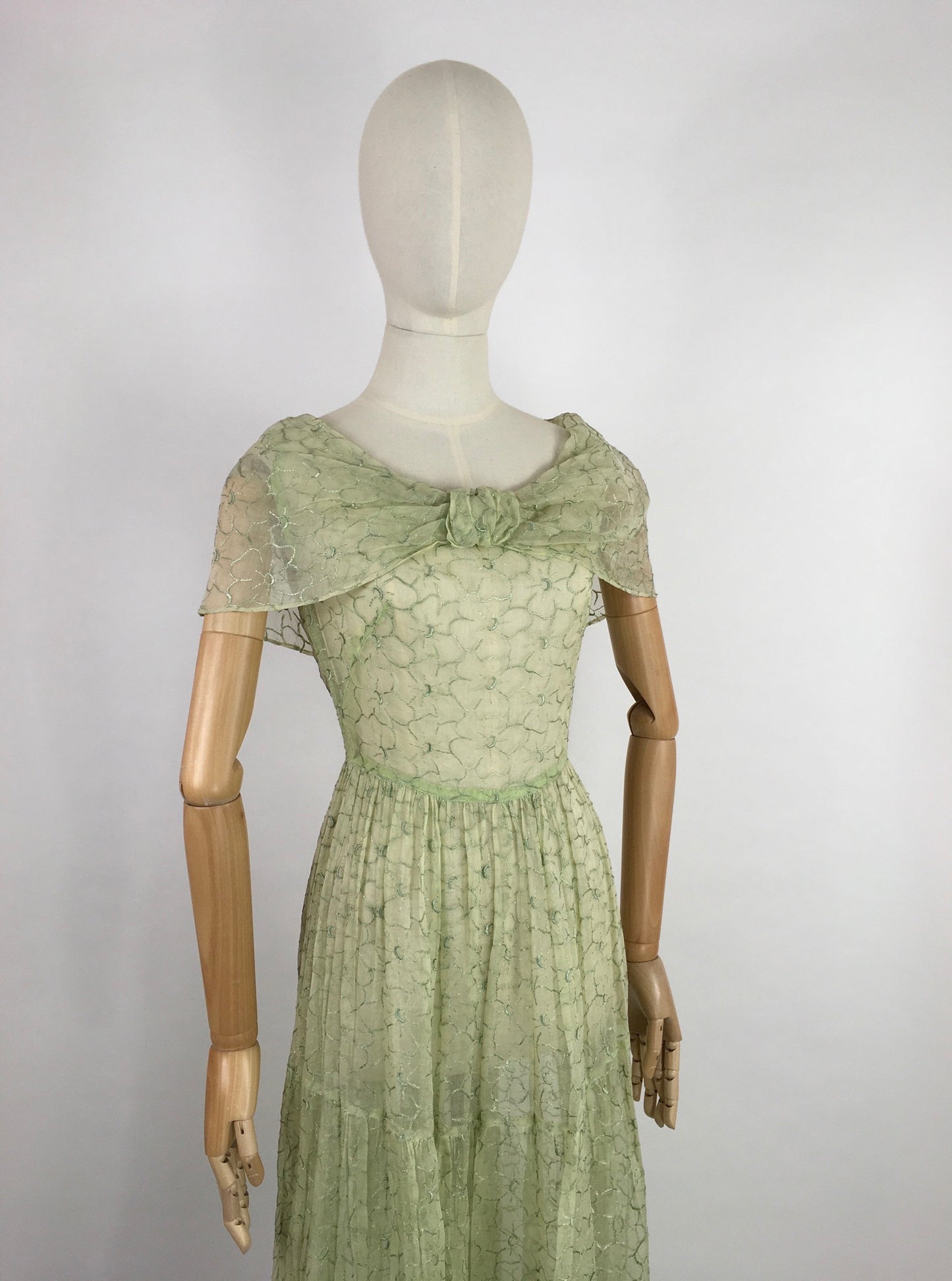 Original 1930s Full Length Summer Dress - In a Beautiful Soft Green Embroidered Cotton Lawn
