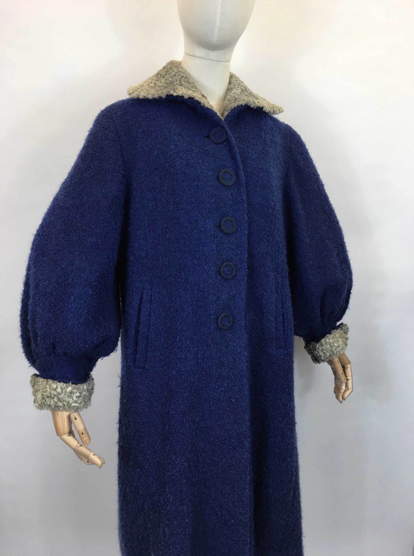 Original 1940’s Amazing Boucle Wool Coat with Astrakhan Trim - In a Royal Blue and Soft Grey