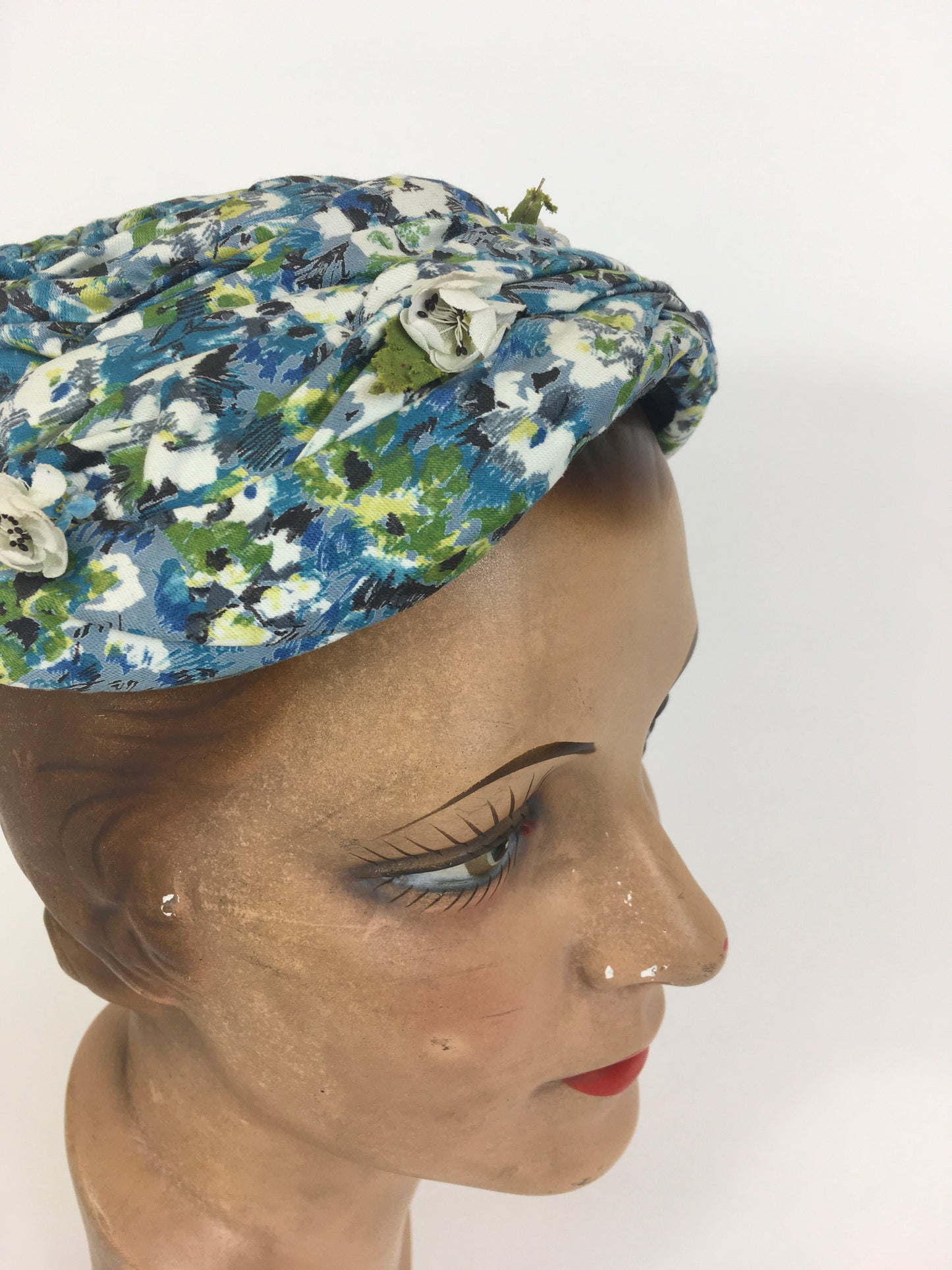 Original 1950’s Darling Floral Headpiece With Flora & Velvet Trim - In Blues, Greens & Ivory