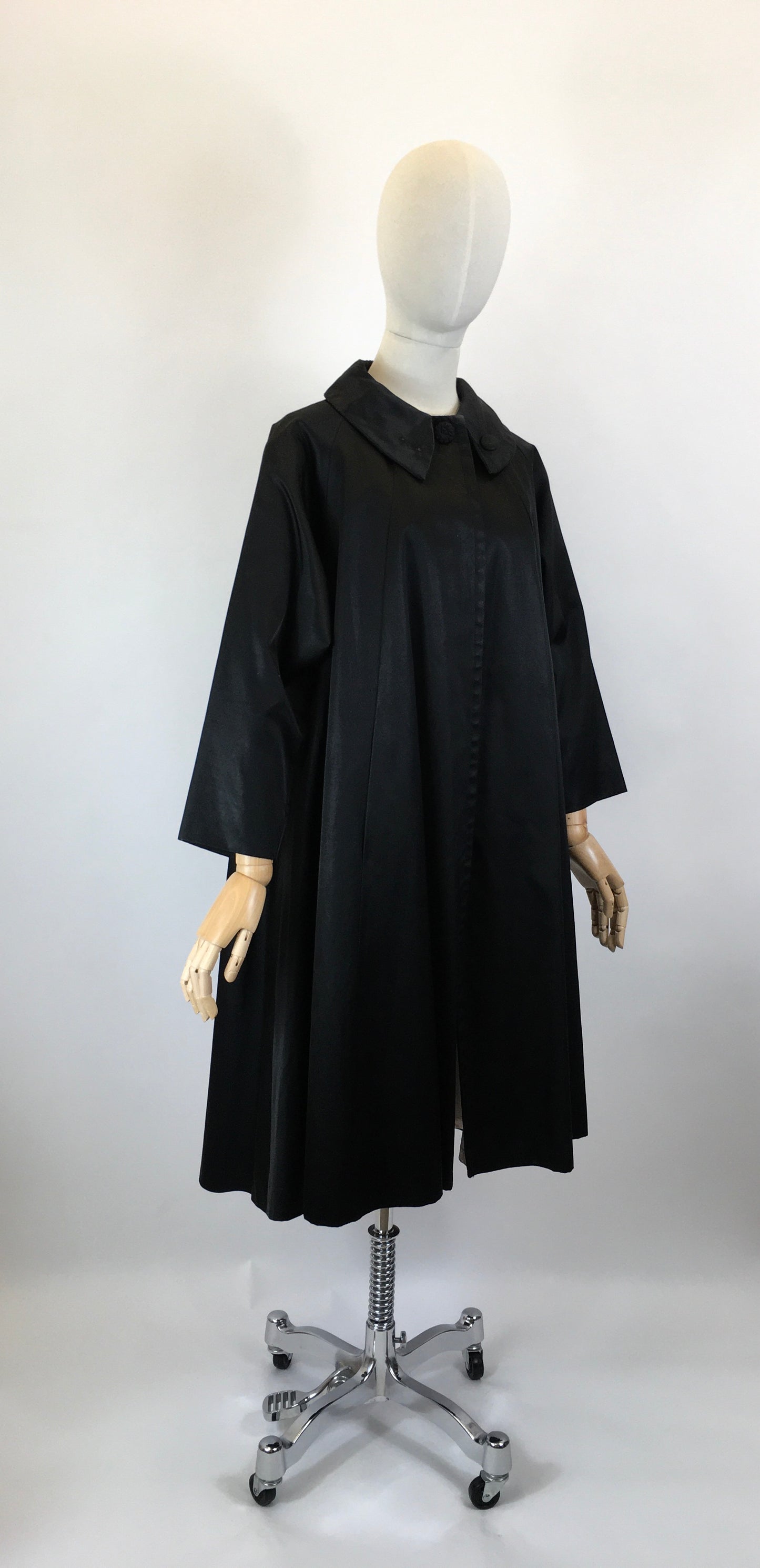 Original 1950’s Stunning Black Evening Coat - In A Lush Noir Sateen