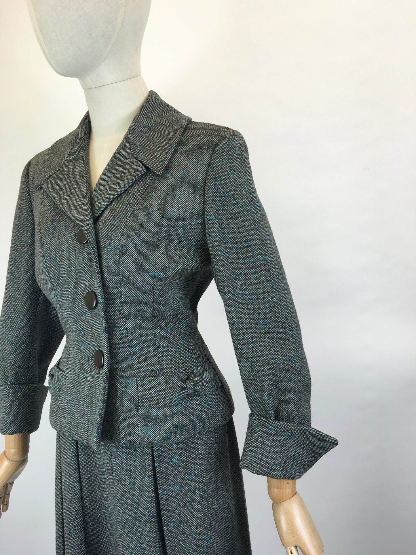 Original late 1940’s 2pc Woollen Suit by ‘ Harella’ - Grey Toned with a Bright Teal Fleck