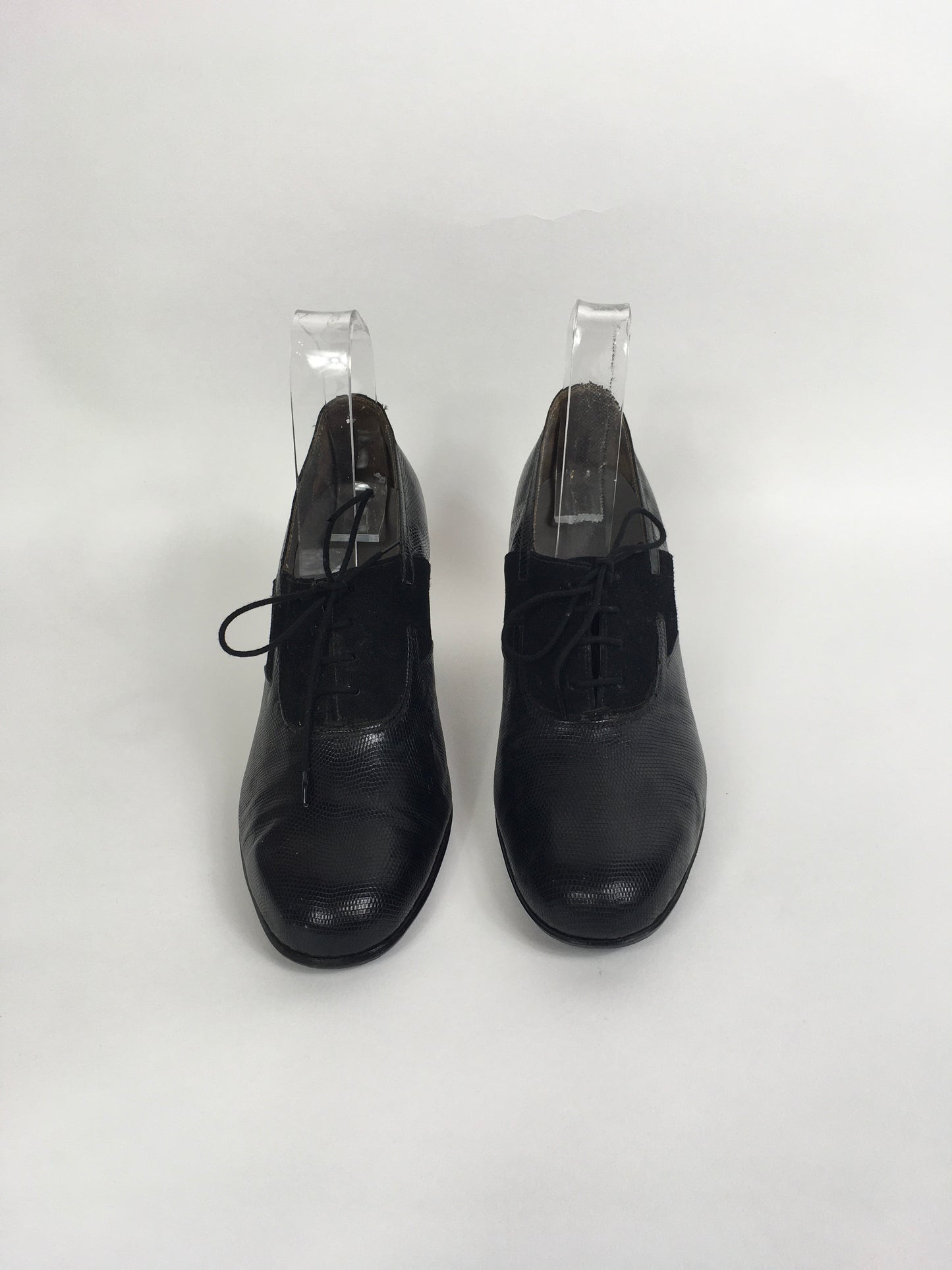 Original 1940’s Black Suede & Leather Heeled Brogues - Stunning Detailing And Shape