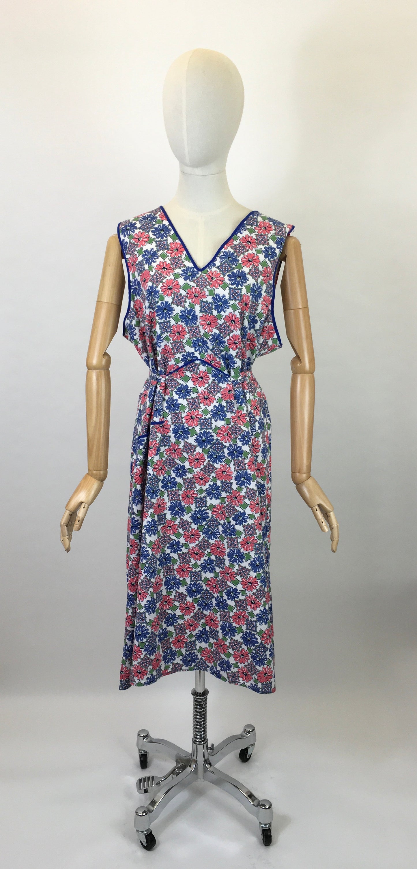Original 1940’s Beautiful Floral Cotton Full Pinny - In Blues, Soft Pinks and Greens