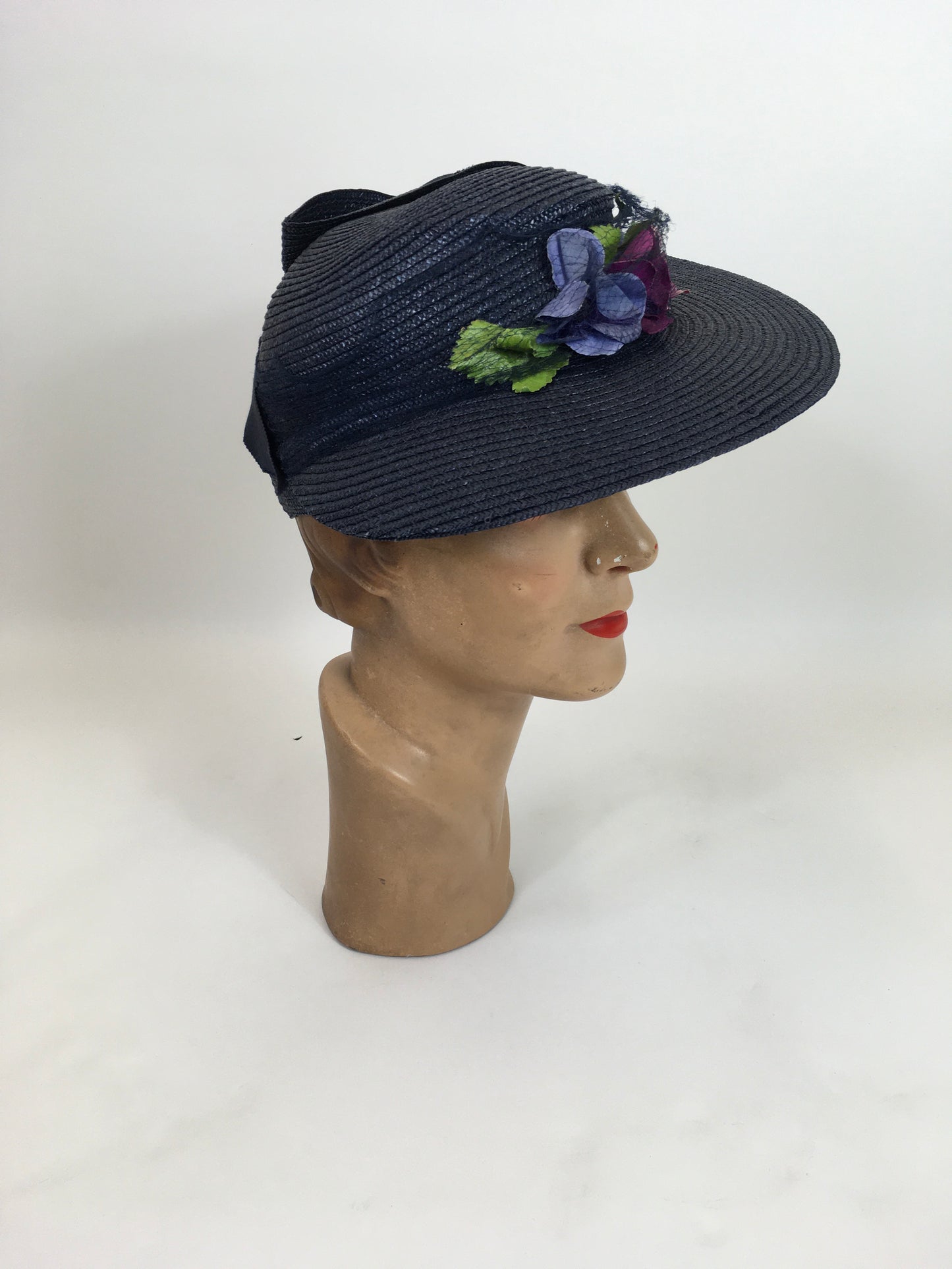 Original 1930’s Stunning Straw Hat - In A Deep Navy With Florals