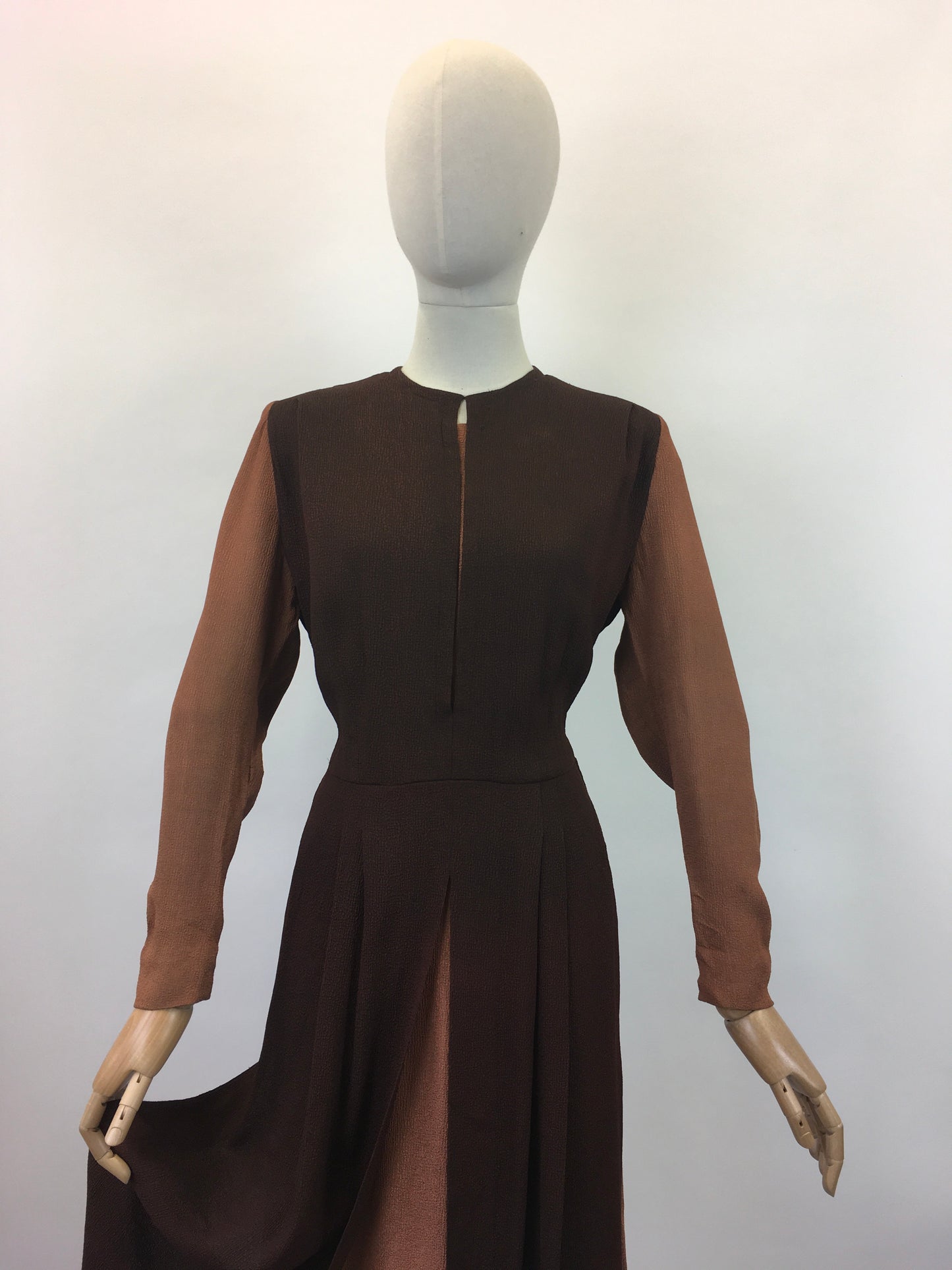 Original Sensational Late 1930's Early 1940's Dress - In Chocolate Brown and Warm Cinnamon Waffle Crepe