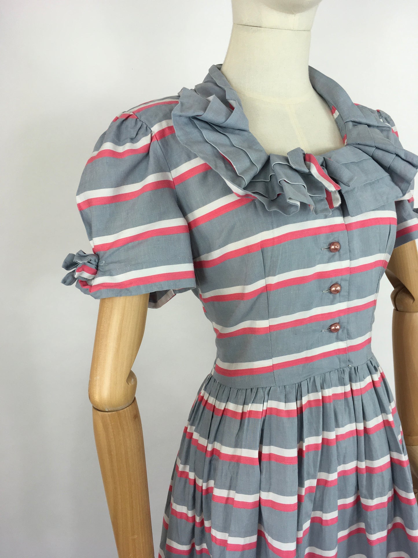 Original Early 1940s Cotton Day Dress - Lovely Stripe In Soft Greys, Bright Pinks and White