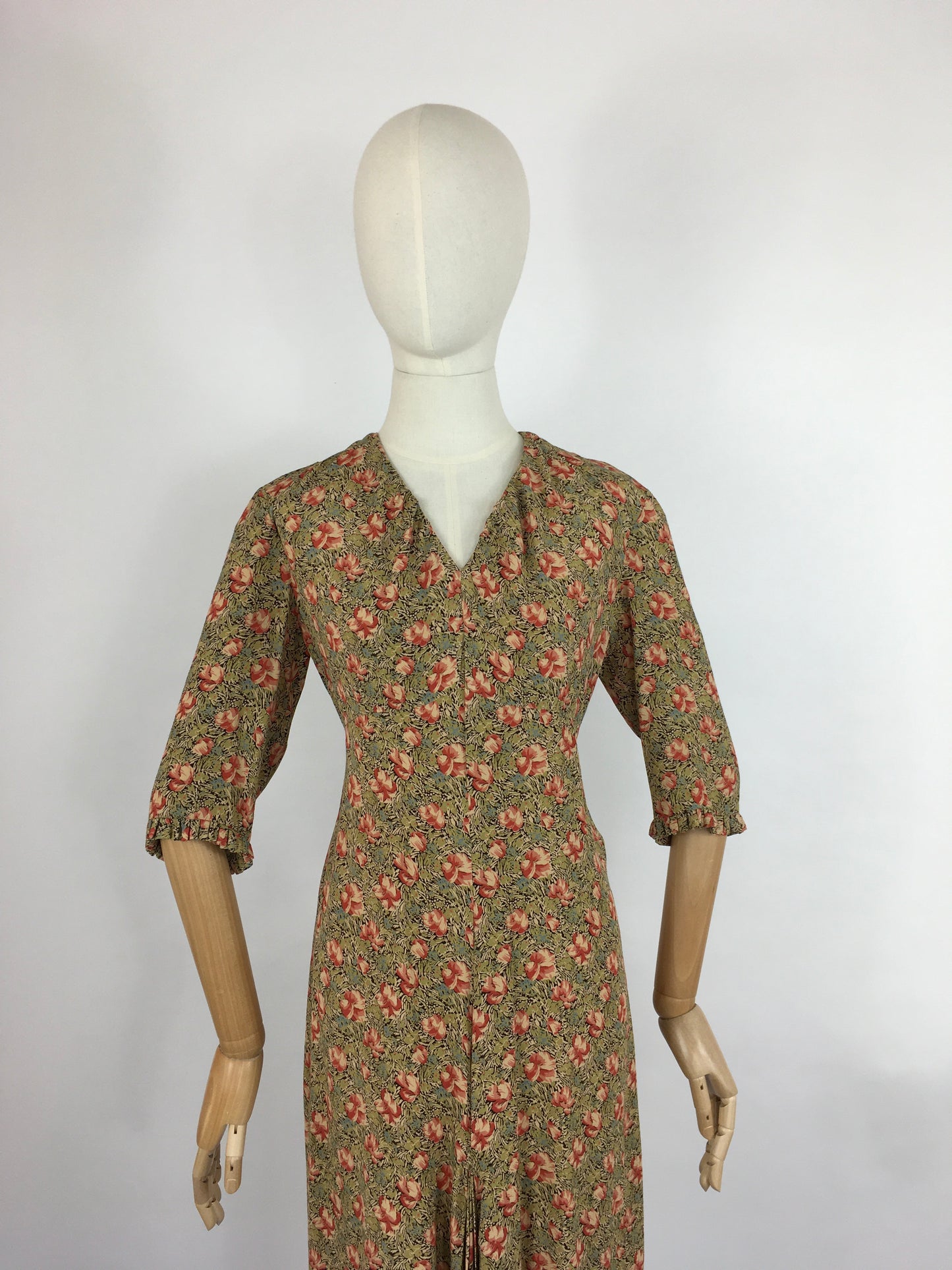 Original 1930s Exquisite Dress - In a Breathtaking Colour Palette Of Warm Rose Pinks and Reds, Tonal Greens and Powder Blues on a Floral Crepe