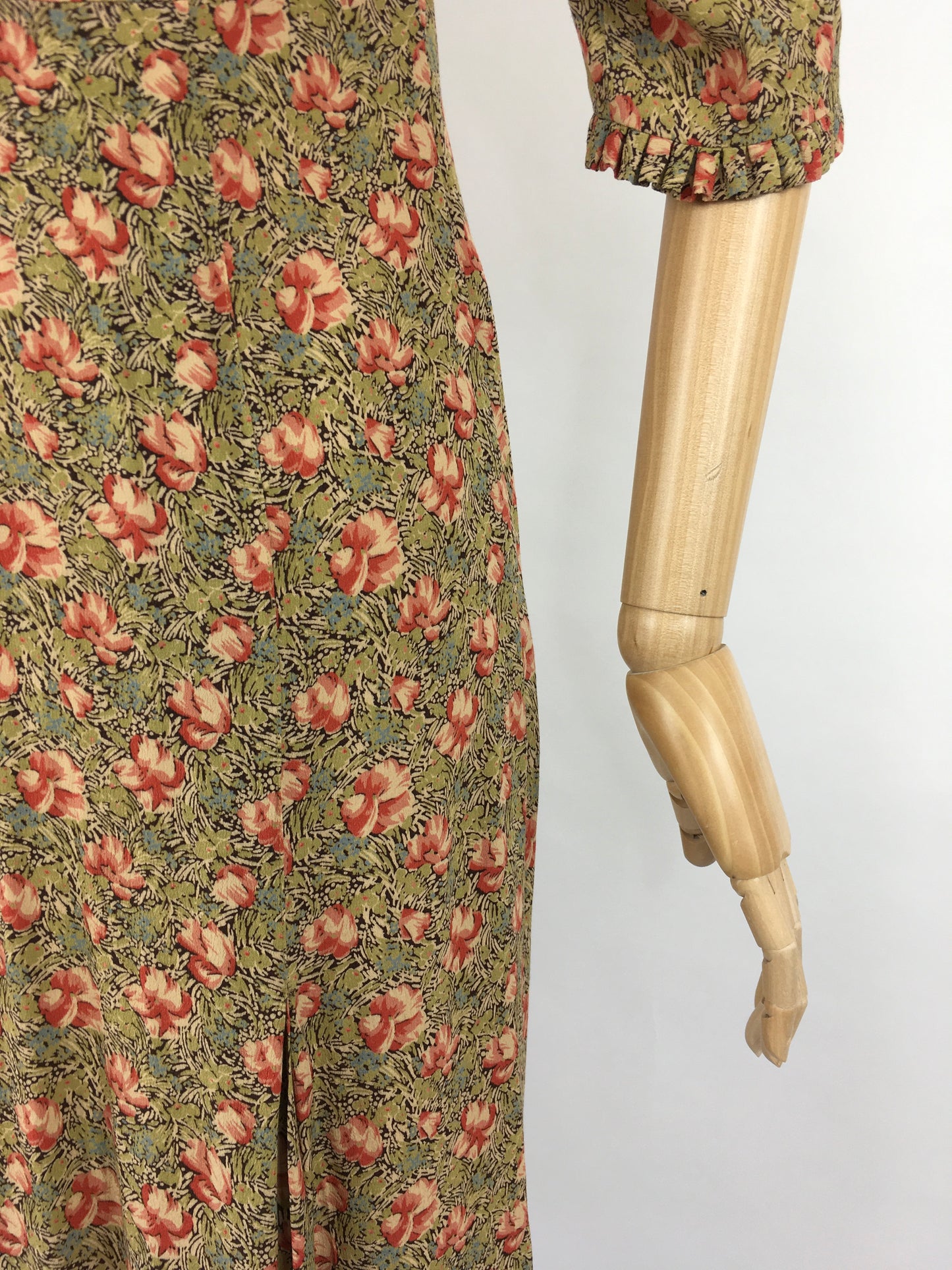 Original 1930s Exquisite Dress - In a Breathtaking Colour Palette Of Warm Rose Pinks and Reds, Tonal Greens and Powder Blues on a Floral Crepe