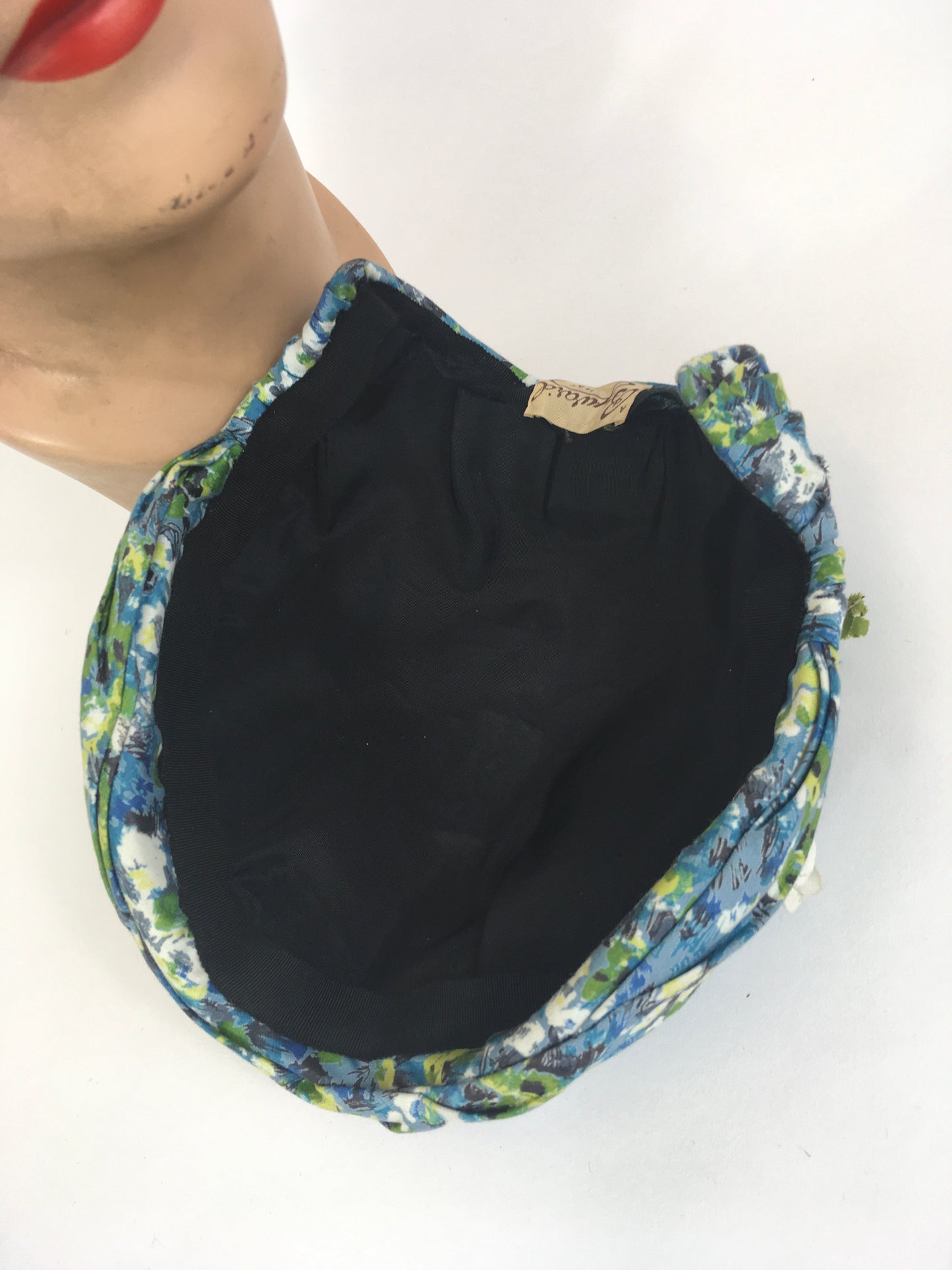 Original 1950’s Darling Floral Headpiece With Flora & Velvet Trim - In Blues, Greens & Ivory