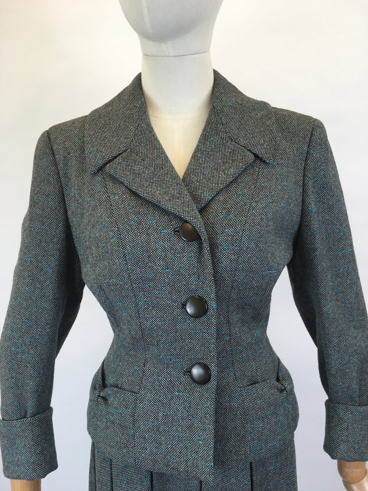 Original late 1940’s 2pc Woollen Suit by ‘ Harella’ - Grey Toned with a Bright Teal Fleck