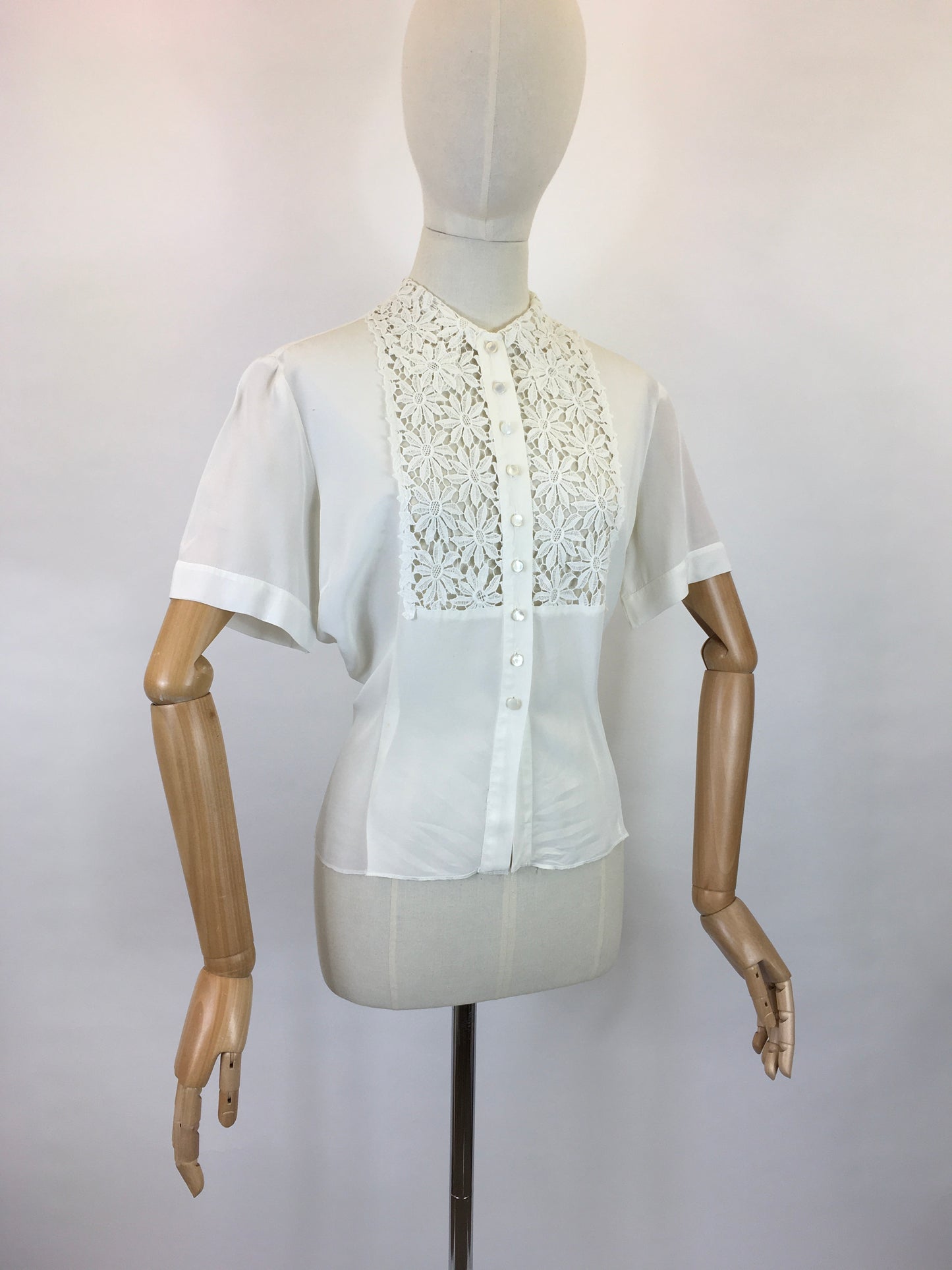Original 1940’s ‘ Judy Bond’ White Blouse - With Stunning Floral Lace Detailing To The Bodice Panel