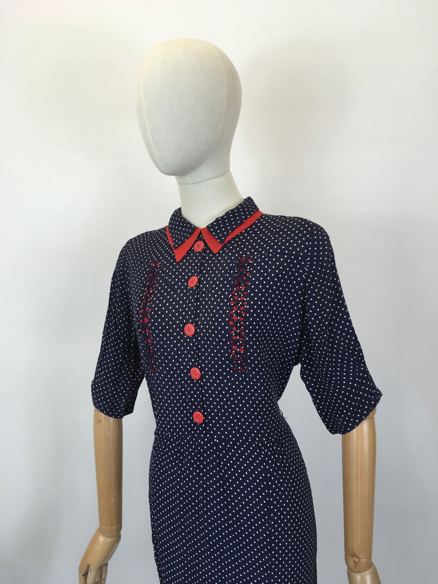 Original 1940's Sensational Volup Rayon Dress - In Navy, White & Red with Contrast Fretwork Embelishment