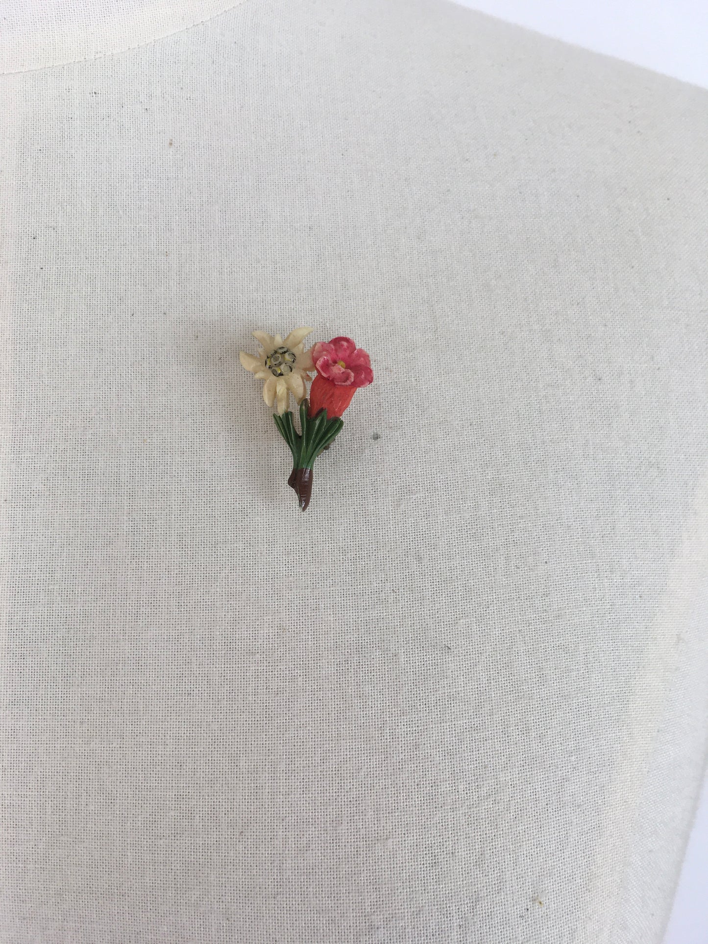 Original 1940s Little Floral Celluloid Brooch - In a Lovely Colour Pallet of Cream, Red and Green