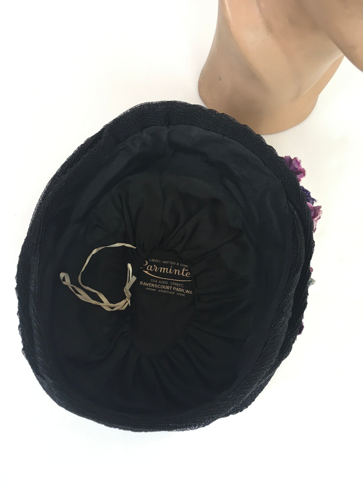 Original 1930’s Amazing Black Straw Hat - Adorned with Soft Mauve, Rich Purples and Violet Velvet Flora