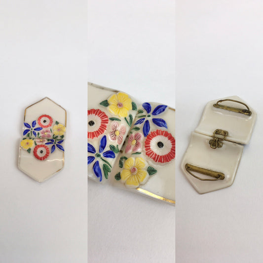 Original 1930’s Beautiful Milk Glass Buckle - With Florals in Brights and Faded Gilding