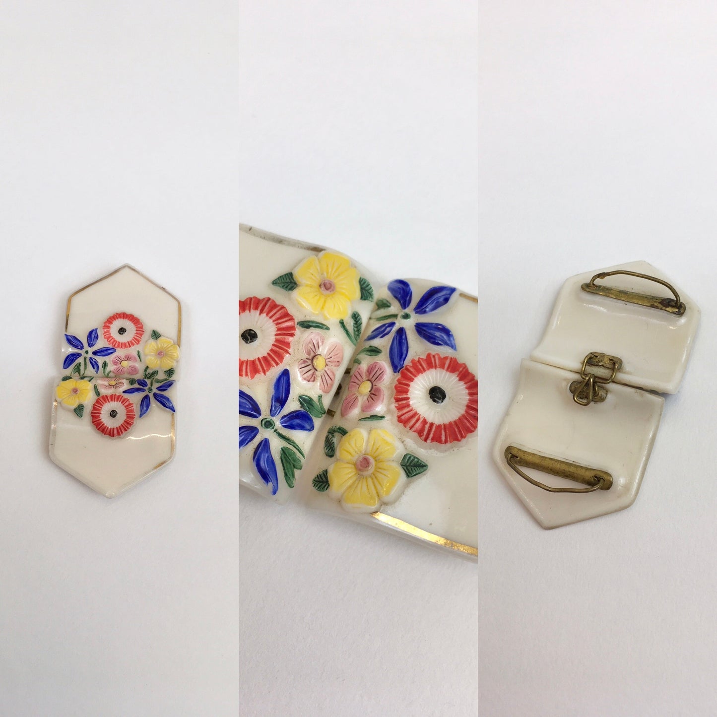 Original 1930’s Beautiful Milk Glass Buckle - With Florals in Brights and Faded Gilding