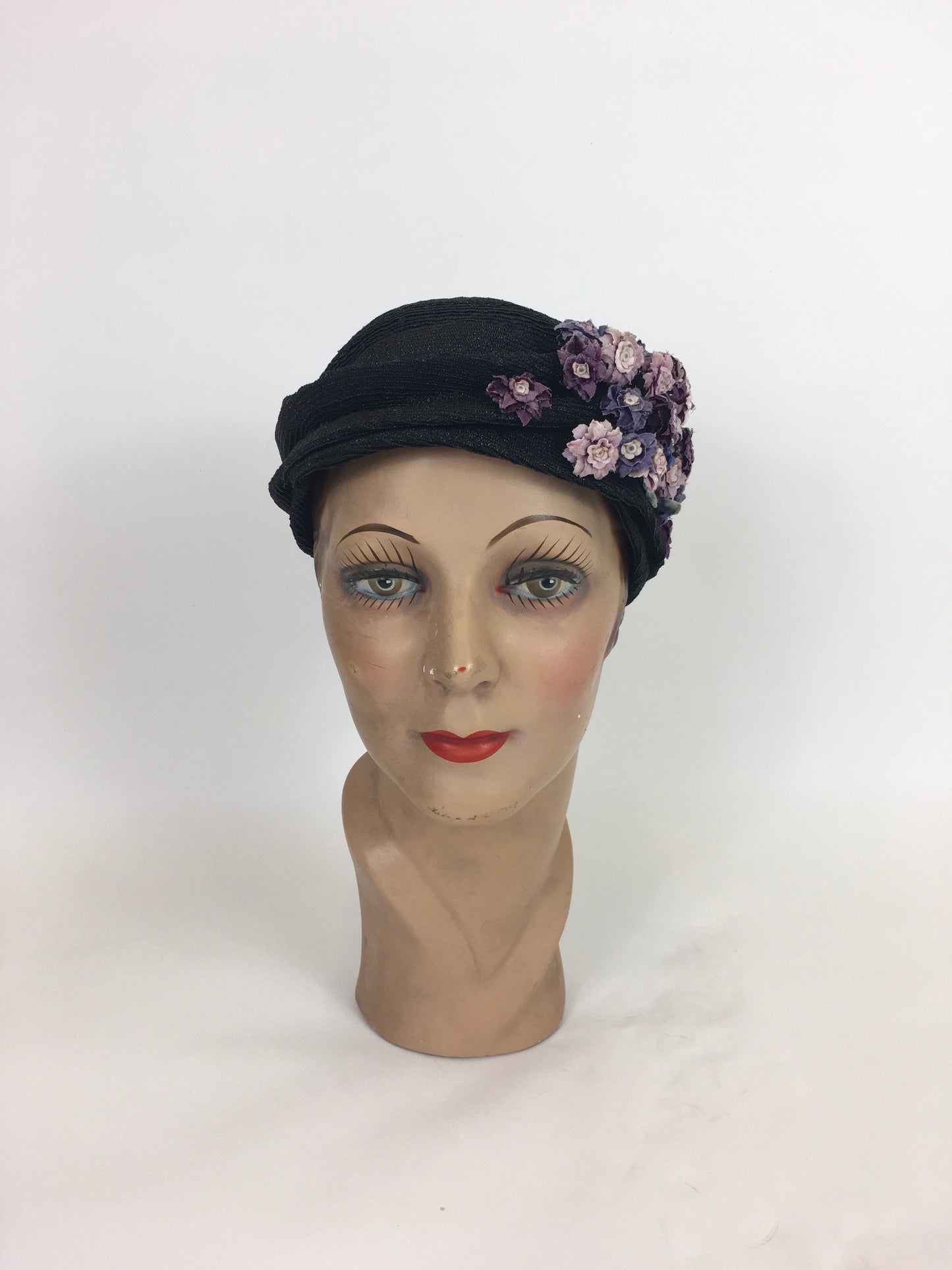 Original 1930’s Amazing Black Straw Hat - Adorned with Soft Mauve, Rich Purples and Violet Velvet Flora