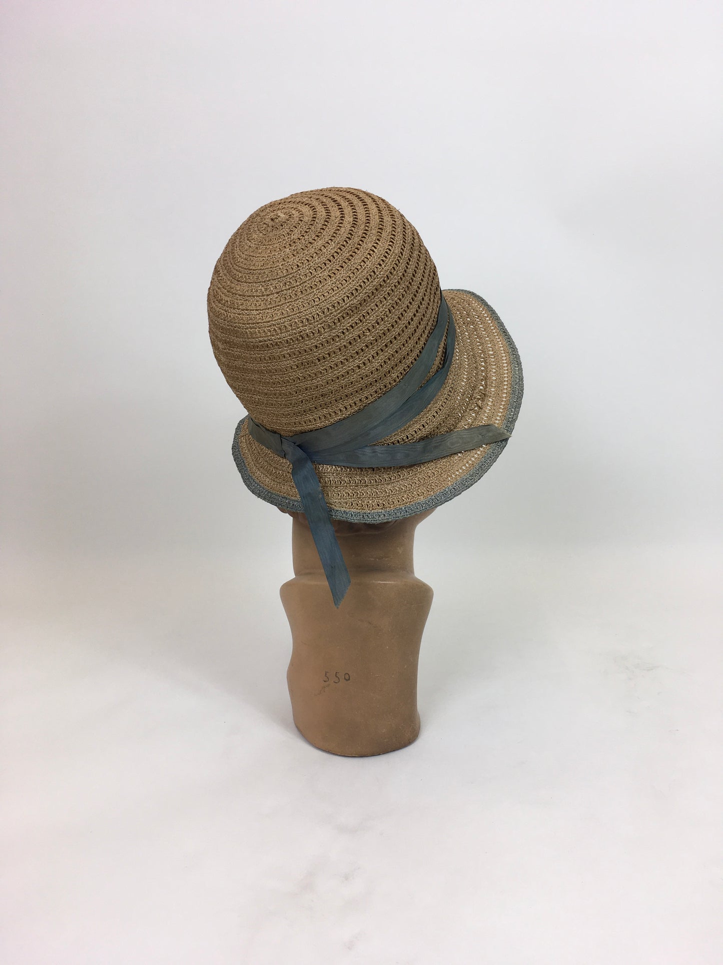 Original 1920's Sublime Natural Sisal Cloche - With Duck Egg Blue Trim and Wooden Ball Embellishment