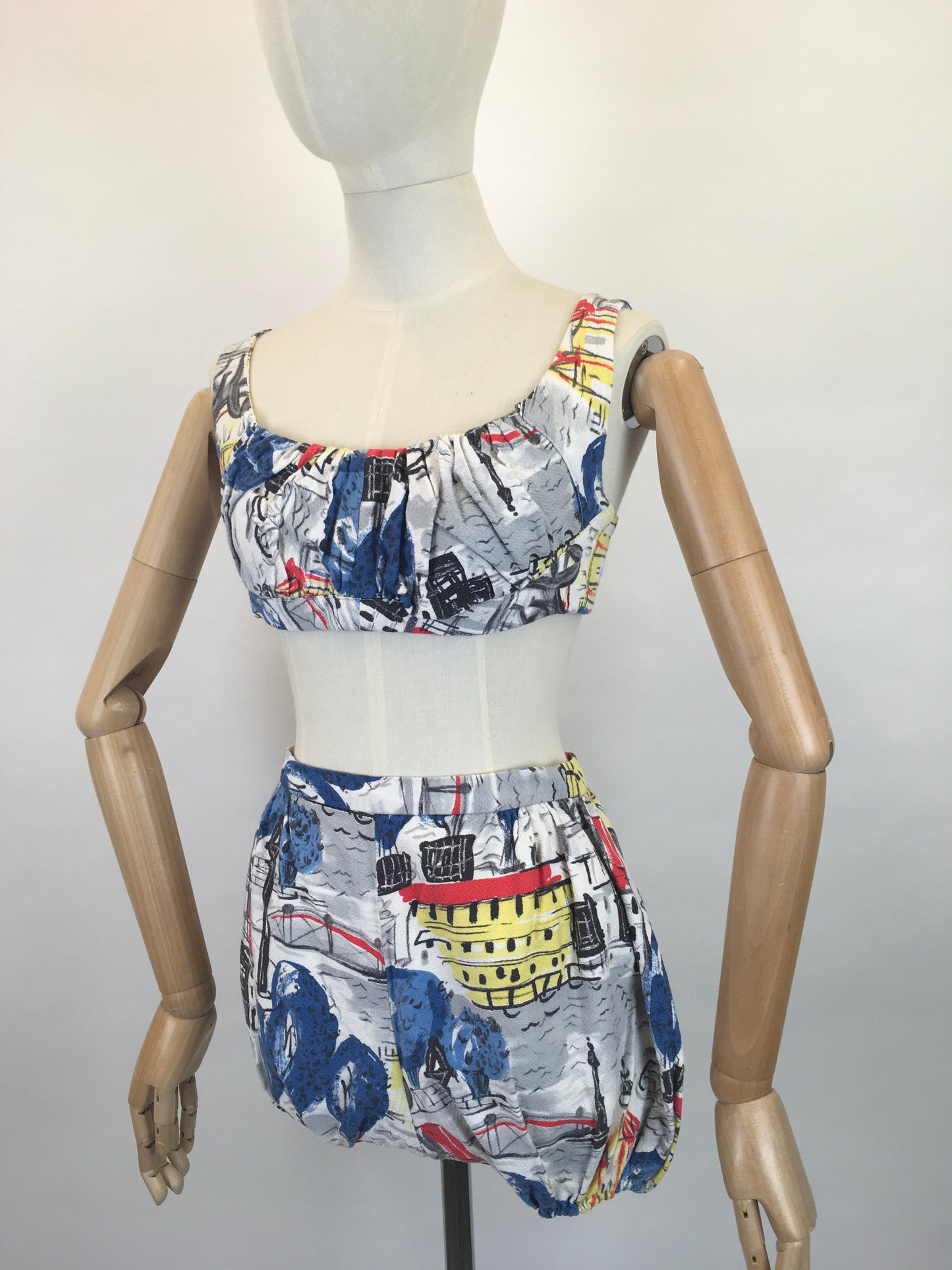 Original 1950s 4 pc Sun Set In Novelty Print Barkcloth - Sun Top, Blouse, Bloomer Shorts and Skirt