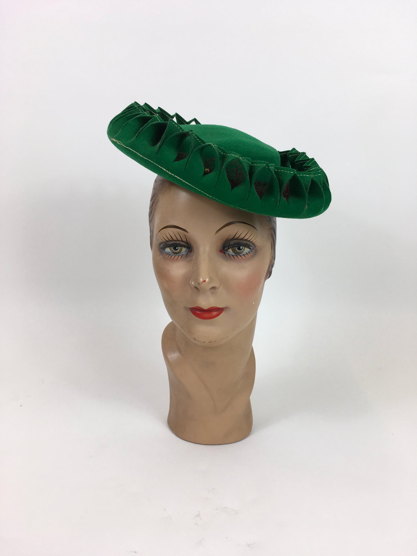 Original 1940’s SENSATIONAL Bottle Green Pancake Hat - With Cutwork and Multi Colour Veiling